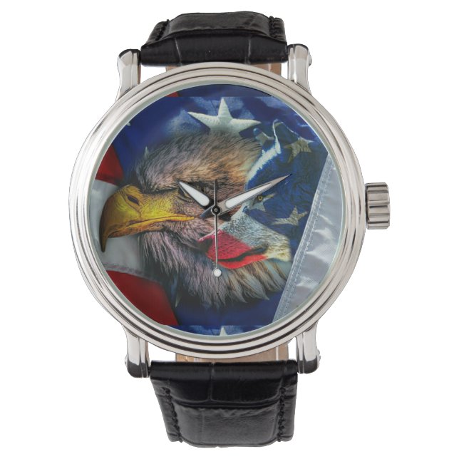 Patriotic American Flag Bald Eagle Wolf Armbanduhr (Vorderseite)