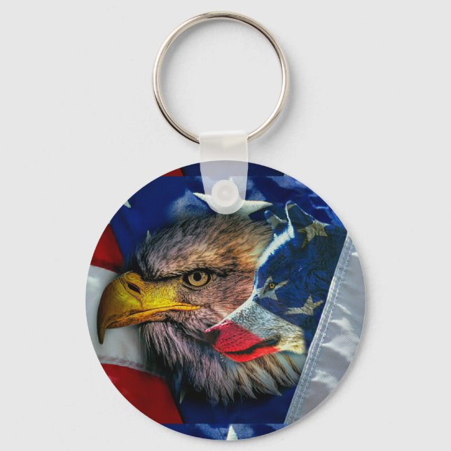 Patriotic American Flag Bald Eagle Wolf Schlüsselanhänger (Vorderseite)