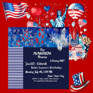Patriotic American Flag Butterfly Ballon BirthDay Einladung