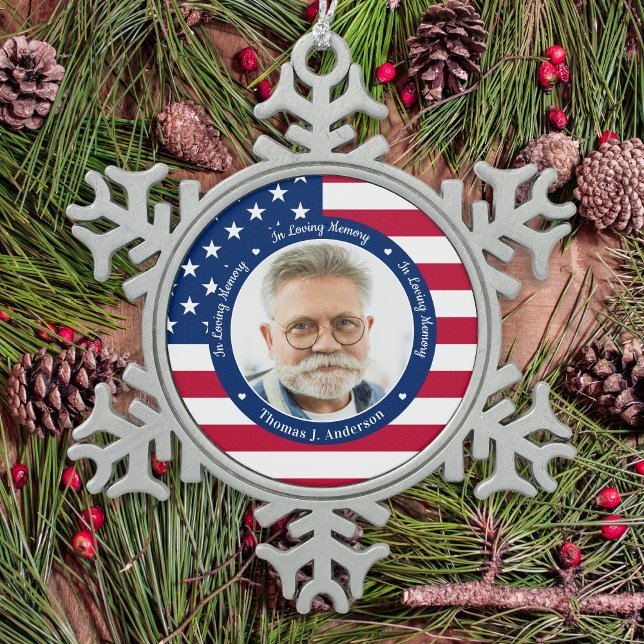 Patriotic American Flag Custom 2 Foto Memorial Schneeflocken Zinn-Ornament (Von Creator hochgeladen)