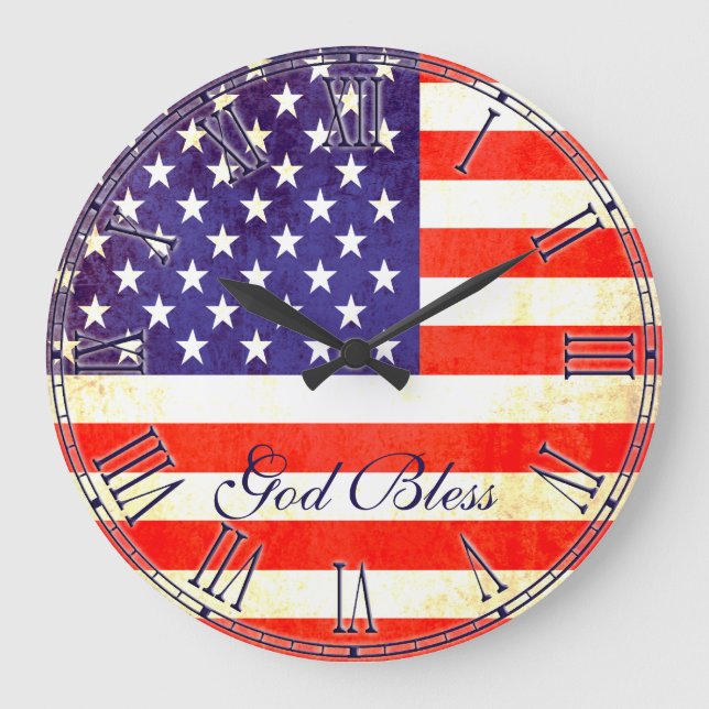 Patriotic American flag god bless wall clock Große Wanduhr (Vorderseite)