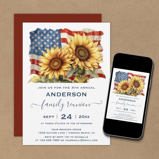 Patriotic American Flag Sunflower Family Wiederseh Einladung (Von Creator hochgeladen)