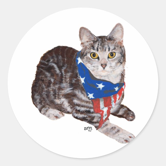 Patriotic American Shorthair Tabby Cat Runder Aufkleber (Vorderseite)
