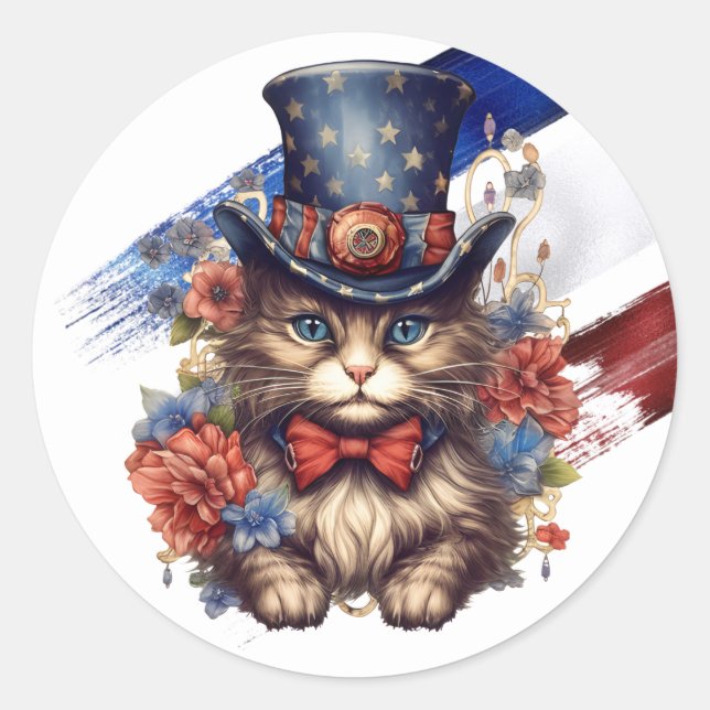 Patriotic Americana Cat Runder Aufkleber (Vorderseite)