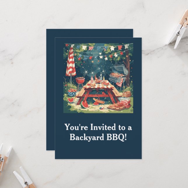 Patriotic Backyard BBQ Scene – 4th of July Cookout Einladung (Vorderseite/Rückseite Beispiel)