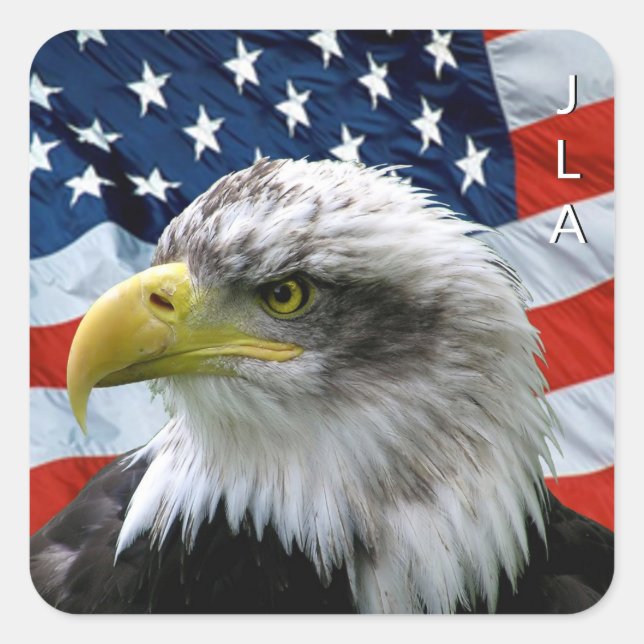 Patriotic Bald Eagle American Flag Mit Monogramm Quadratischer Aufkleber (Vorderseite)