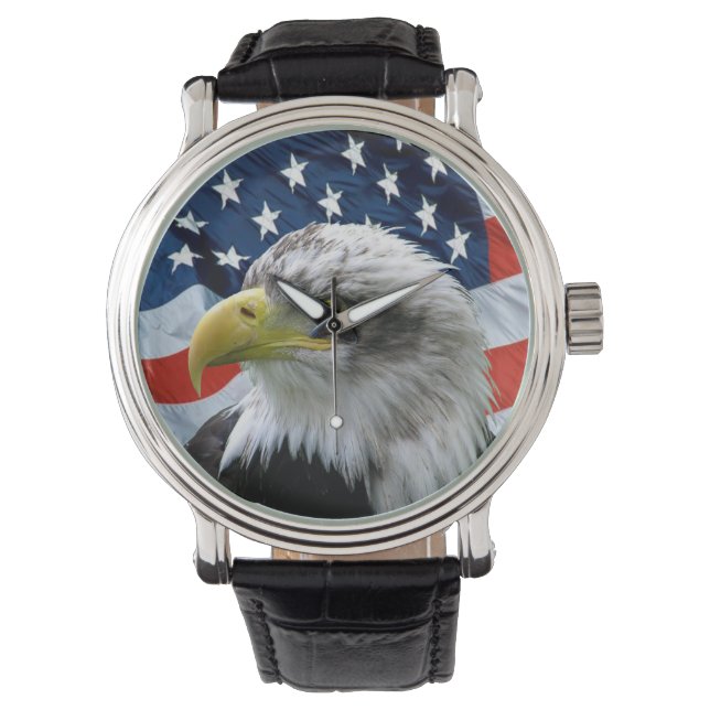 Patriotic Bald Eagle American Flag Numberles Watch Armbanduhr (Vorderseite)