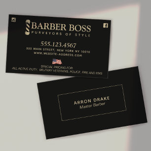 Patriotic Barber Barbershop Black and Gold Visitenkarte