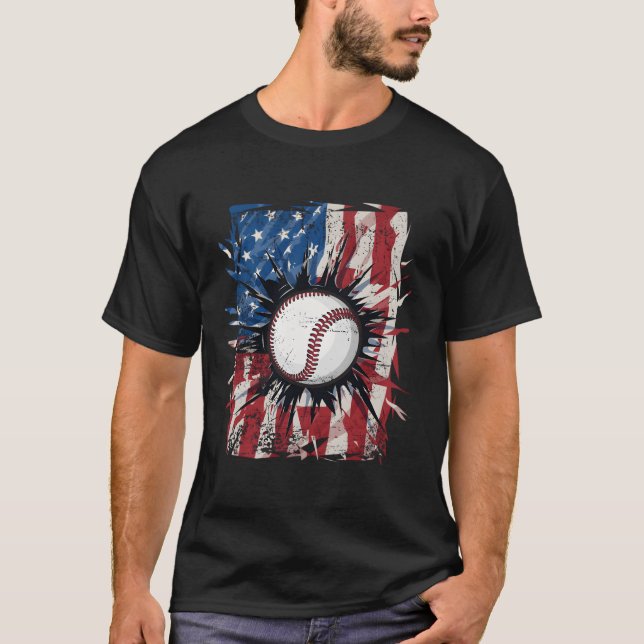 Patriotic Baseball 4. Juli US-amerikanische Flagge T-Shirt (Vorderseite)