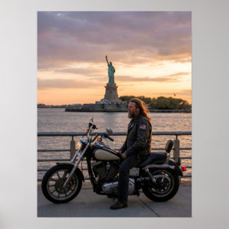Patriotic Biker Statue of Liberty Sunset Waterside Poster