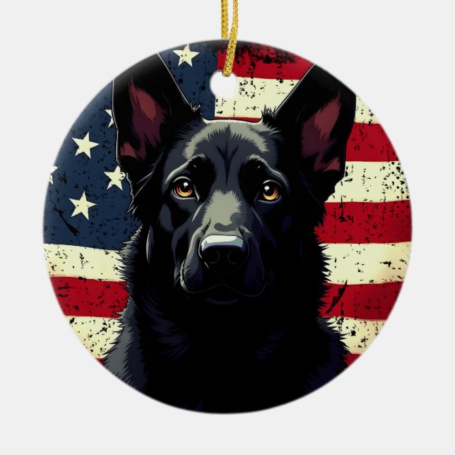 Patriotic Black German Shepherd USA Flag Keramik Ornament (Vorne)