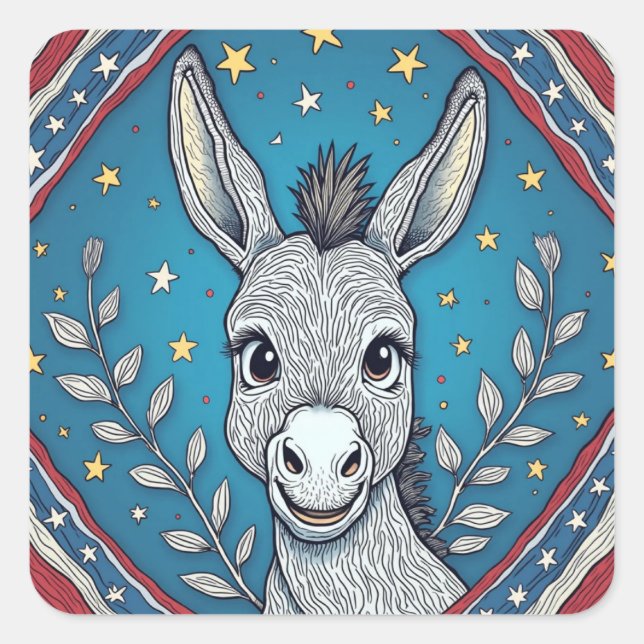 Patriotic Blue Donkey Illustration Quadratischer Aufkleber (Vorderseite)