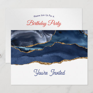 Patriotic Blue Gold Agate Birthday Einladung