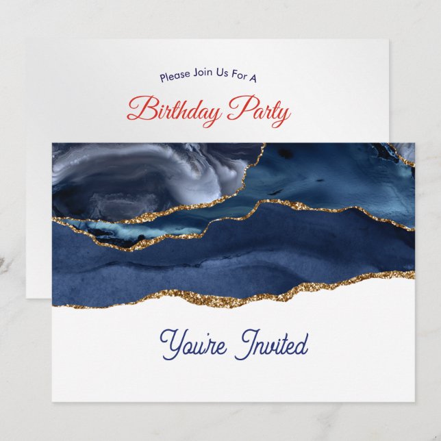 Patriotic Blue Gold Agate Birthday Einladung (Vorne/Hinten)