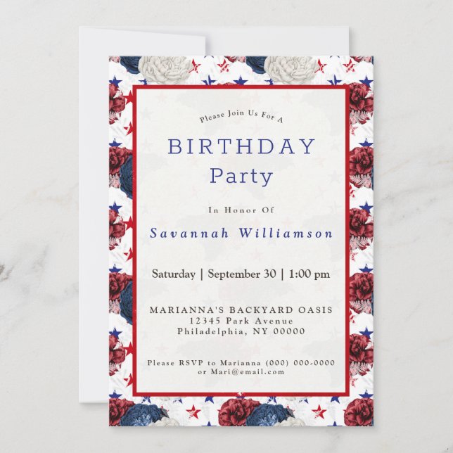 Patriotic Blue Red Star Rose Bouquet Birthday Einladung (Vorderseite)