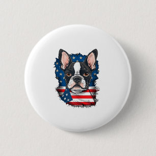 Patriotic Boston Terrier Doppy Puppy American Flag Button