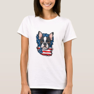 Patriotic Boston Terrier Doppy Puppy American Flag T-Shirt
