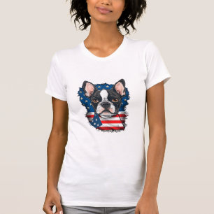 Patriotic Boston Terrier Doppy Puppy American Flag T-Shirt