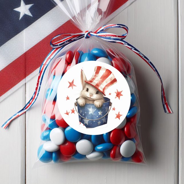 Patriotic Bunny Rabbit Red White Strip Top Hat Runder Aufkleber (Cute patriotic bunny rabbit sticker)