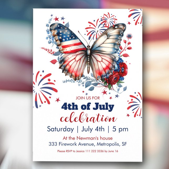 Patriotic Butterfly & Fireworks 4. Juli Party Einladung (Patriotic Butterfly & Fireworks 4th of July Party Invitation)