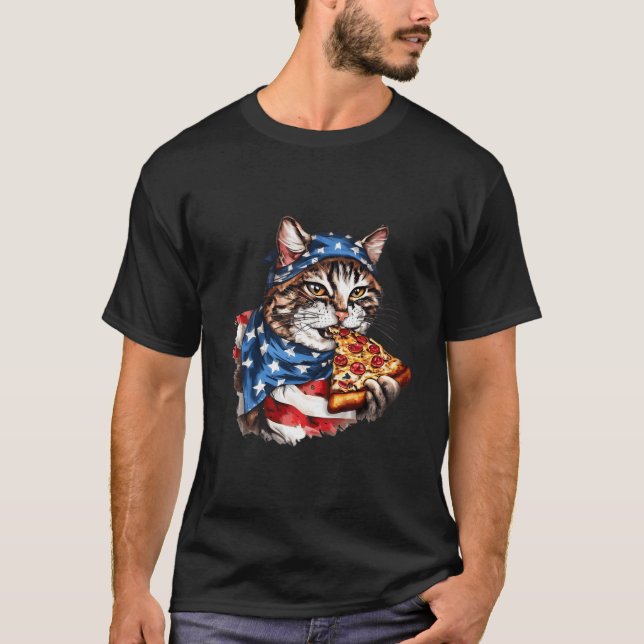 Patriotic Cat Eats Pizza 4Th Of July American Flag T-Shirt (Vorderseite)