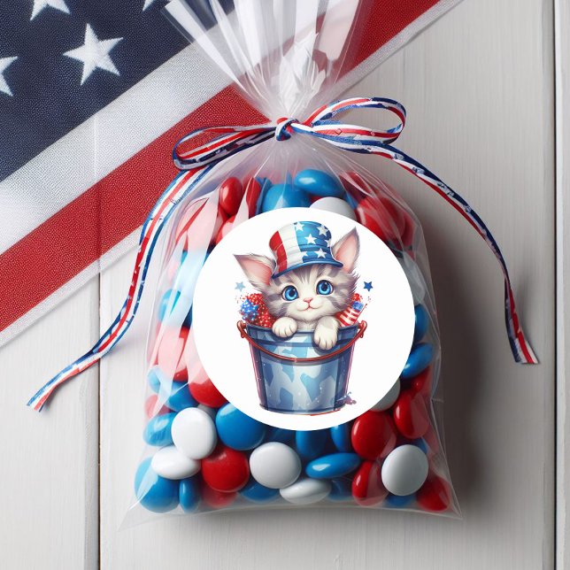 Patriotic Cat Red White Blue Top Hat Runder Aufkleber (Cute patriotic kitten sticker)