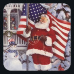 Patriotic Christmas Santa Holding American Flag Quadratischer Aufkleber<br><div class="desc">Patriotische Weihnachtsfeier mit amerikanischer Fahne Weihnachtssticker.</div>