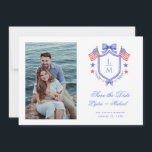 Patriotic Crest w/ US Flags | Monogram Save The Date<br><div class="desc">The patriotic watercolor monogram crest gives this save the date a festive and timeless look that any sophisticated bride will love. Personalize this announcement with your initials inside the crest at the top. Colors include, Red, white and blue, text is in blue. If you have any questions or need help...</div>