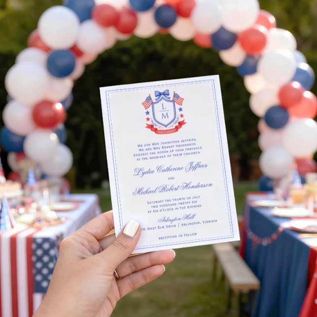 Patriotic Crest w/ US Flags | Monogram Wedding Einladung (Von Creator hochgeladen)