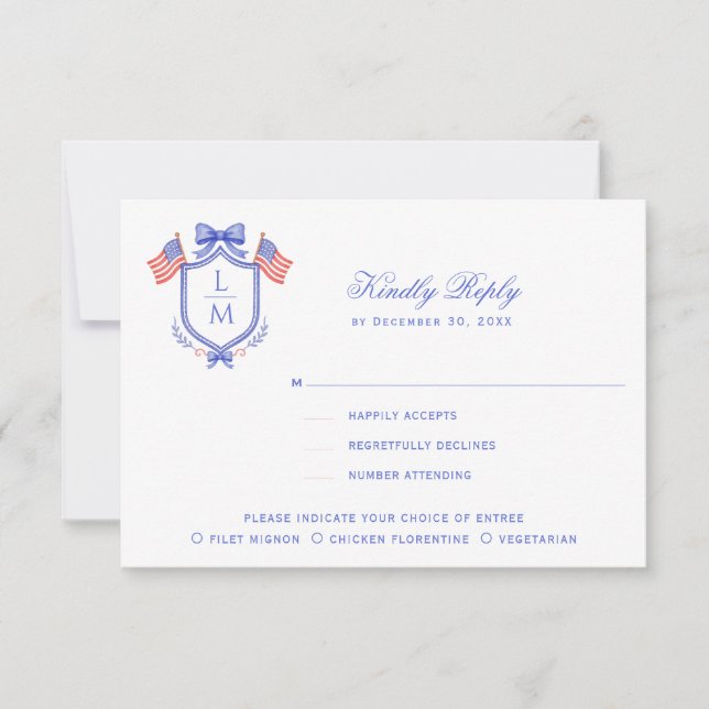 Patriotic Crest with Flags| Monogram Wedding RSVP Karte (Vorderseite)