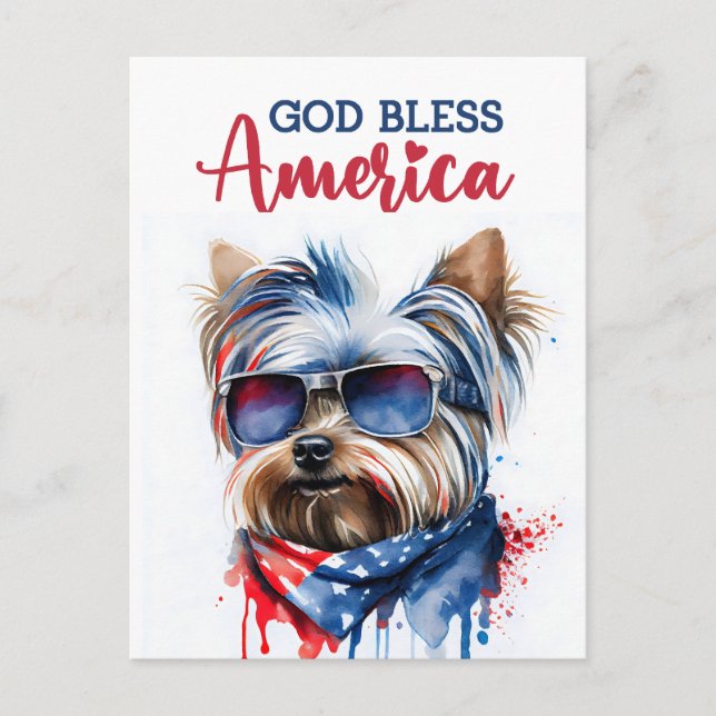 Patriotic Dog-Yorkie, Gott segne Amerika Postkarte (Vorderseite)
