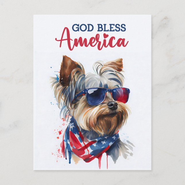 Patriotic Dog-Yorkie, Gott segne Amerika Postkarte (Vorderseite)