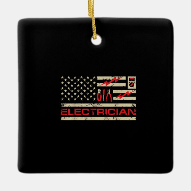 Patriotic Electrician American Flag Weihnachtsfeie Keramikornament (Vorderseite)