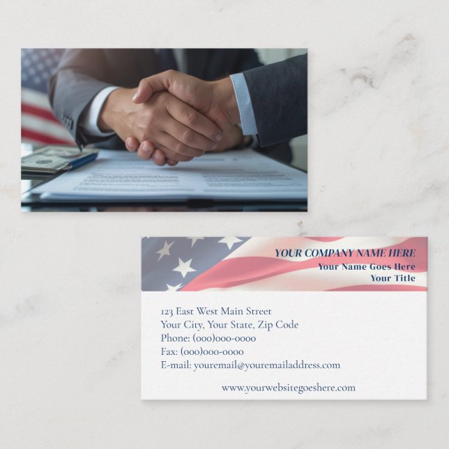 Patriotic Finance & Insurance Handshake Visitenkarte (Vorne/Hinten)