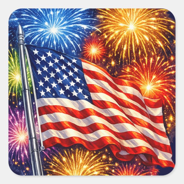 Patriotic Flag Fireworks  Quadratischer Aufkleber (Vorderseite)