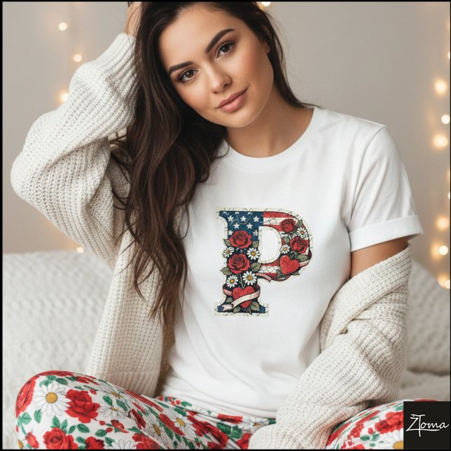 Patriotic Floral Letter P Wreath Design T-Shirt (Sample design. Several style are available to choose from, with the option to add a name & color.
)