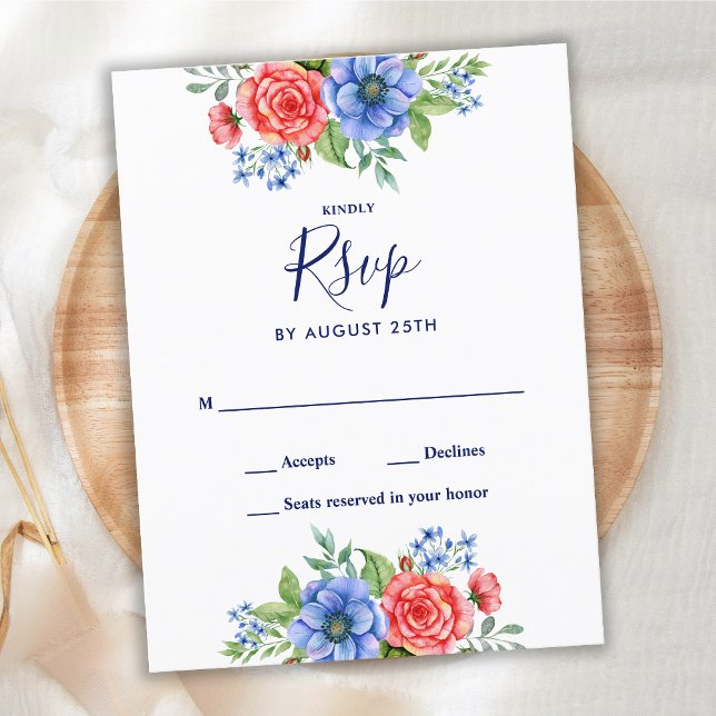 Patriotic Floral Red Blue Wedding RSVP Einladungspostkarte (Von Creator hochgeladen)