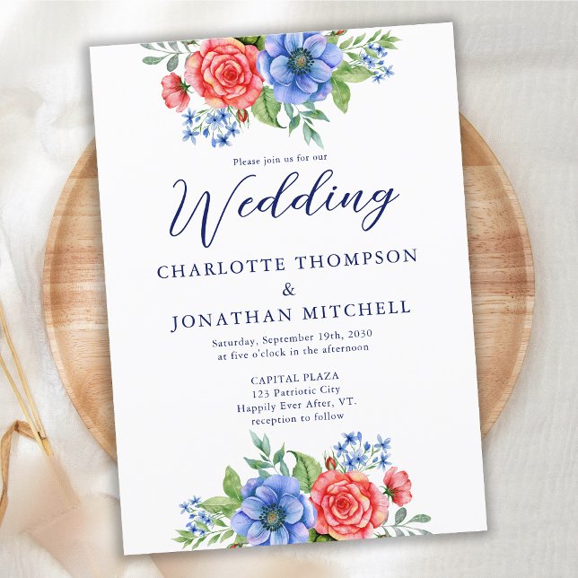 Patriotic Floral Red White Blue 4. Juli Hochzeit Einladung (Von Creator hochgeladen)