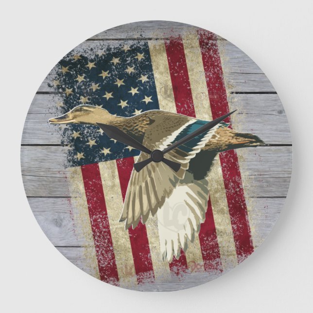 Patriotic Flying Mallard Enck Hunting Décor Große Wanduhr (Vorderseite)