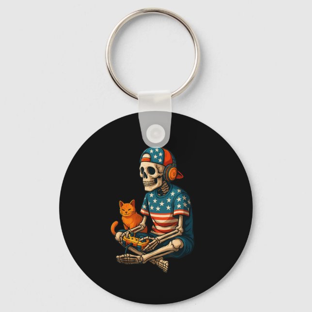 Patriotic Gamer Skeleton Gaming Video Games Cat Bo Schlüsselanhänger (Vorderseite)