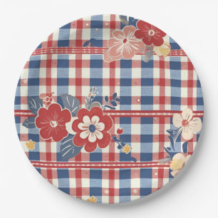 Patriotic Gingham mit floralen Akzenten Rot-Weiß Pappteller