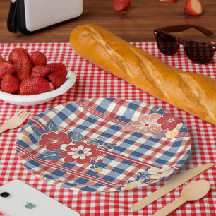 Patriotic Gingham mit floralen Akzenten   Rot-Weiß Pappteller
