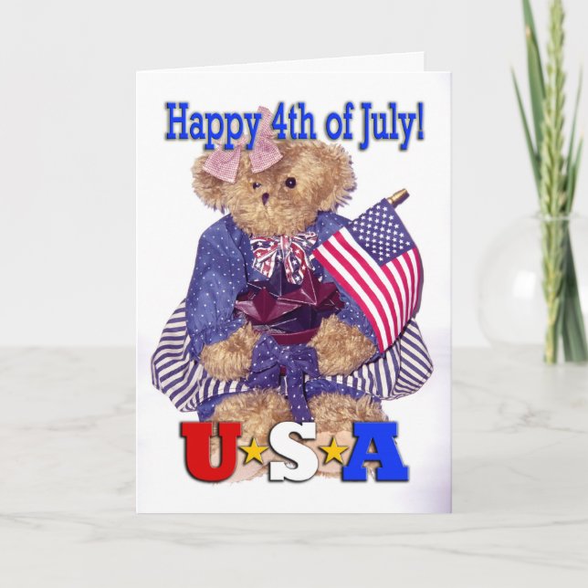 Patriotic Girl Bear - Glücklicher 4. Juli! Karte (Vorderseite)