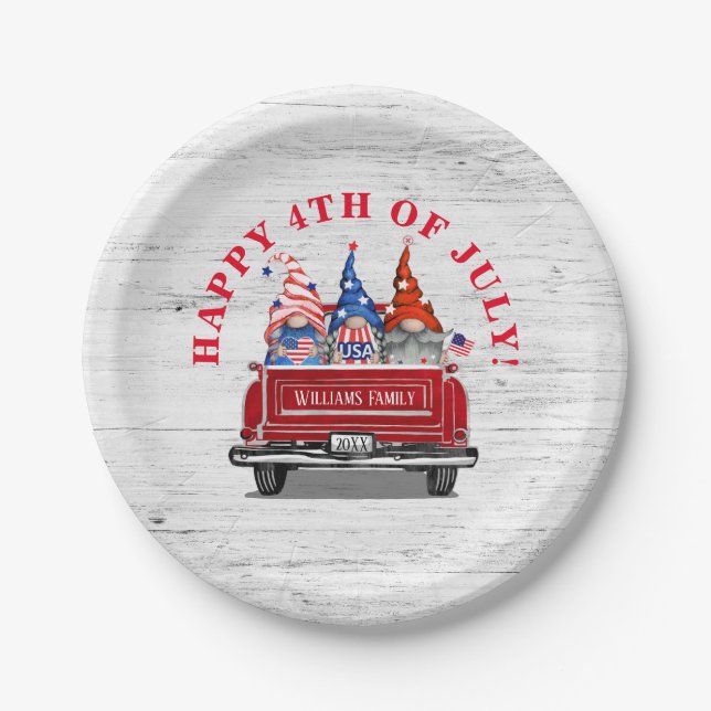 Patriotic Gnome Vintag Red Truck 4. Juli Pappteller (Vorderseite)
