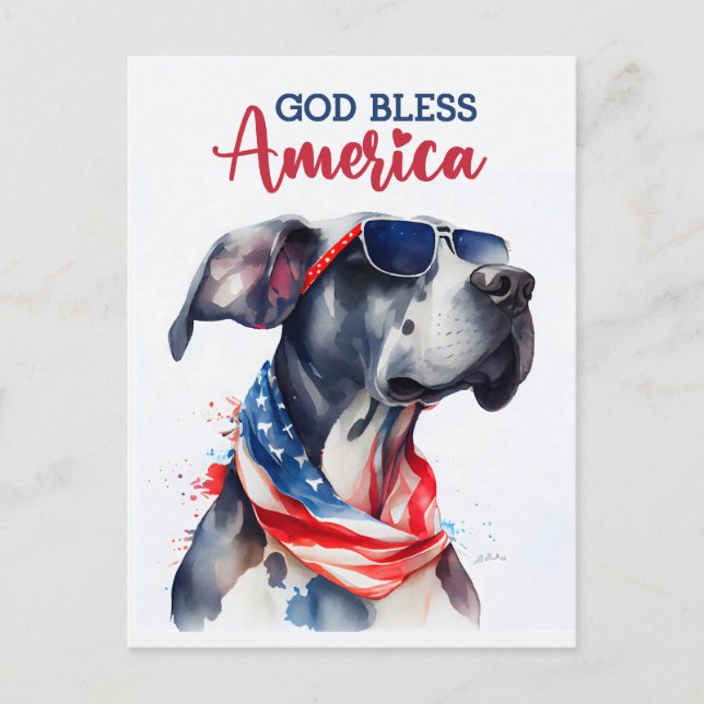 Patriotic Great Dane, Gott segne Amerika Postkarte (Vorderseite)