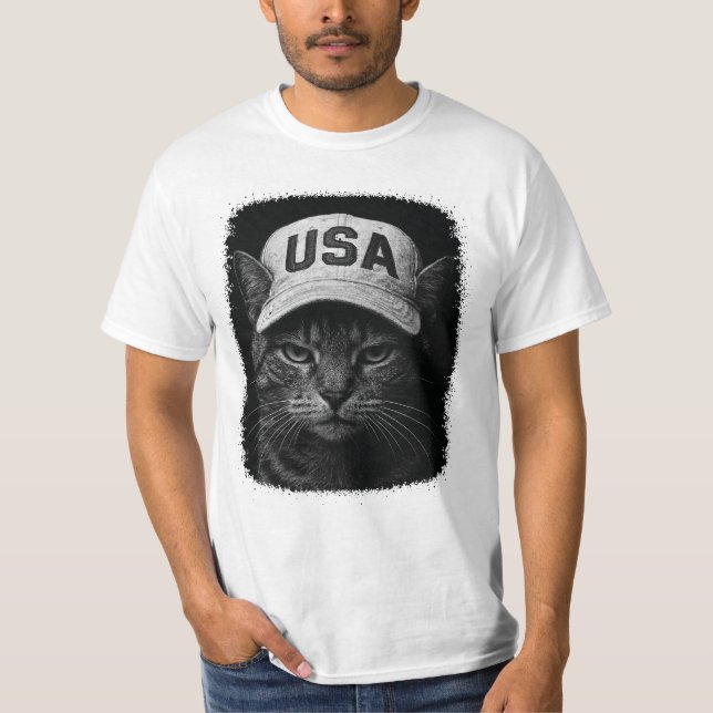 Patriotic Grumpy Cat – USA Hat Black & White T-Shirt (Vorderseite)