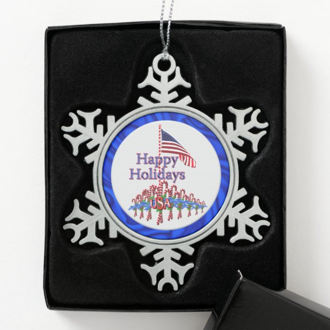 Patriotic Happy Holidays Candy Canes Schneeflocken Zinn-Ornament (Box)
