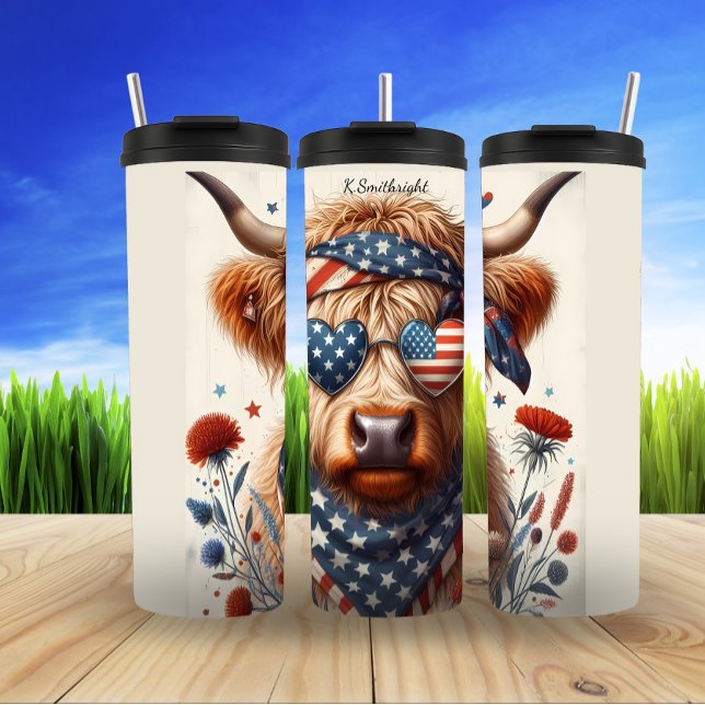 Patriotic Highland Cow Celebration Art Thermosbecher (Von Creator hochgeladen)