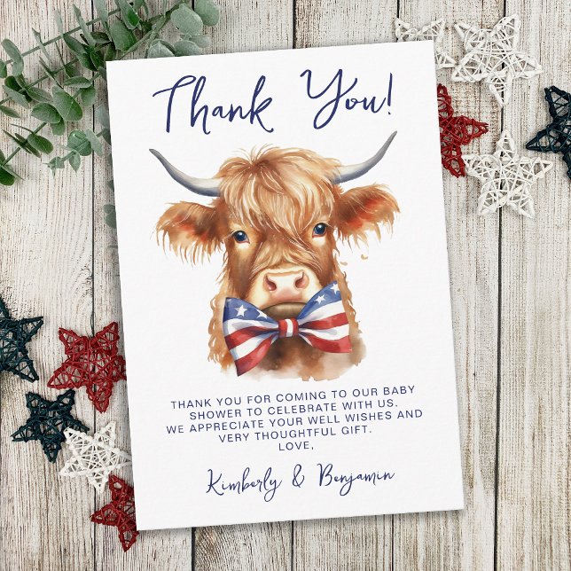 Patriotic Highland Cow Farm Animal Baby Shooter Dankeskarte (Von Creator hochgeladen)