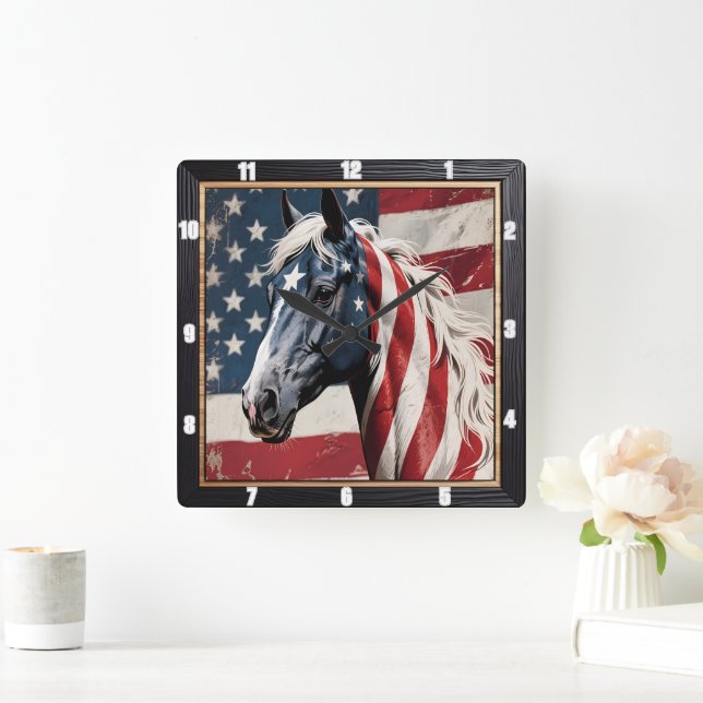 Patriotic Horse American Flag Quadratische Wanduhr (Zuhause)